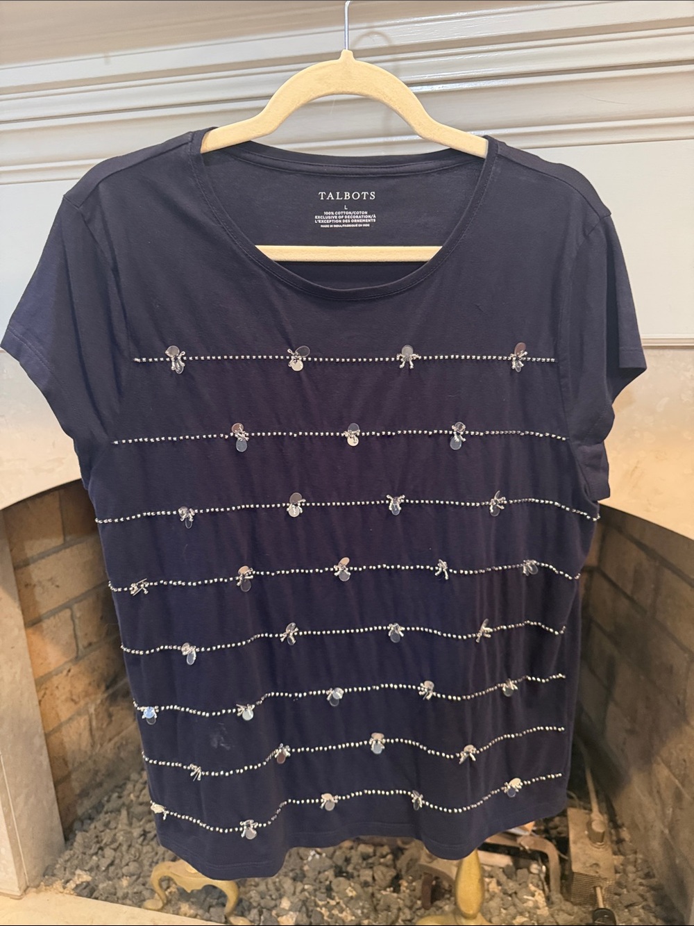 Talbots Navy Short-Sleeve Sequin Stripe Tee size large